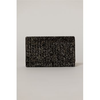 Clutch negru dreptunghiular acoperit cu pietre stralucitoare