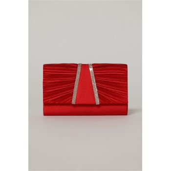 Clutch rosu satinat decorat cu benzi stralucitoare