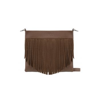 Geanta crossbody de piele cu franjuri - Maro inchis