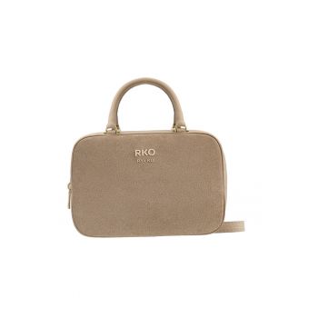 Geanta crossbody din piele si piele intoarsa cu fermoar - Bej inchis