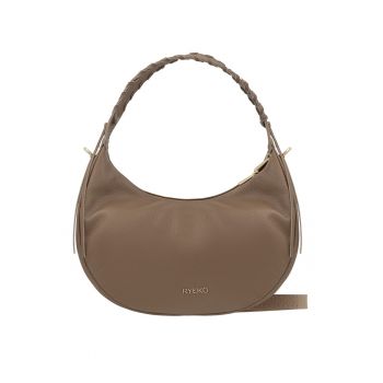Geanta semiluna din piele cu bareta de umar - Maro taupe/Maro taupe deschis