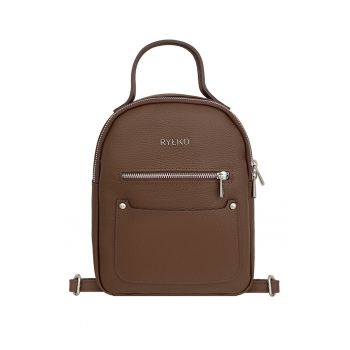Rucsac din piele cu logo metalic - Maro