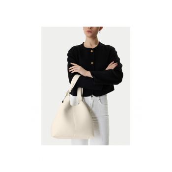 Geanta dama -  piele naturala - bej - One Size INTL - set cu sac de praf si poseta detasabila