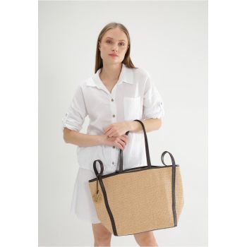 Geanta shopper din iuta cu detalii din piele ecologica dama -  Shopper - bej - 31x54x23cm - 2 buzunare interioare - manere din piele maro