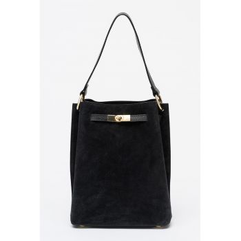 Geanta bucket de piele intoarsa - Negru carbon
