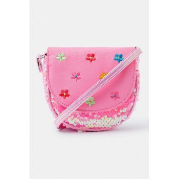 Geanta crossbody cu flori brodate si paiete - Roz pastel/Roz