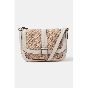 Geanta crossbody cu segment tesut - Alb fildes/Maro taupe