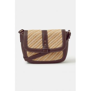Geanta crossbody cu segment tesut - Maro inchis/Bej