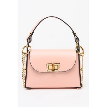 Geanta crossbody de piele cu bareta din lant - Roz pal