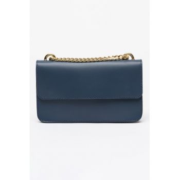 Geanta crossbody de piele cu clapa - Albastru inchis