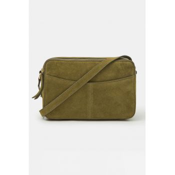 Geanta crossbody de piele intoarsa - Kaki inchis