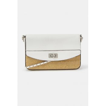 Geanta crossbody de rafie cu insertii de piele ecologica - Alb/Bej