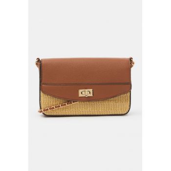 Geanta crossbody de rafie cu insertii de piele ecologica - Maro/Bej