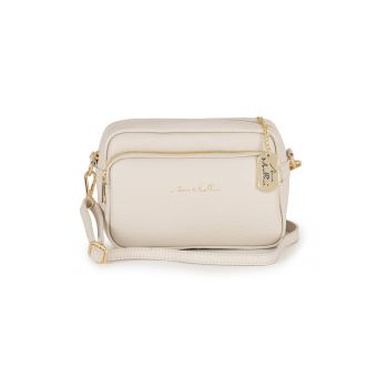 Geanta crossbody din piele cu buzunar frontal cu fermoar - Bej