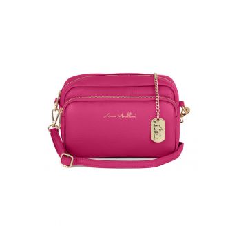 Geanta crossbody din piele cu buzunar frontal cu fermoar - Fucsia