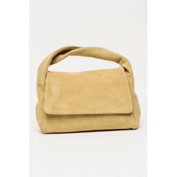 Geanta crossbody din piele intoarsa cu clapa si bareta detasabila - Bej antichizat