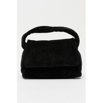 Geanta crossbody din piele intoarsa cu clapa si bareta detasabila - Negru stins
