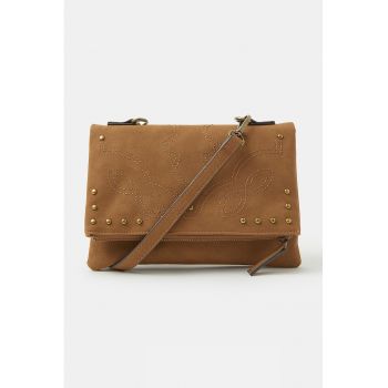 Geanta crossbody pliabila de piele intoarsa sintetica - Caramel