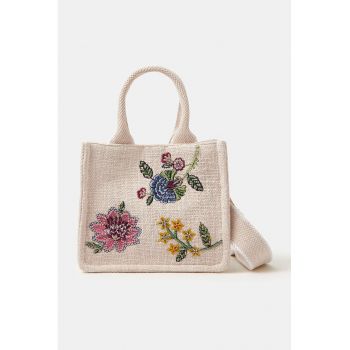 Geanta crossbody textila cu broderie - Verde/Alb fildes/Roz