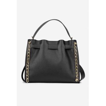 Geanta dama din piele texturata cu ornament lant - Negru