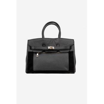 Geantă dama Made in Italy - piele texturată și intoarsă - neagră - curea detasabilă - compartiment interior cu fermoar
