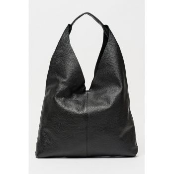 Geanta de piele cu bareta de umar si etui interior - Negru stins