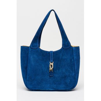 Geanta de piele intoarsa cu bareta de umar si etui interior detasabil - Albastru cobalt