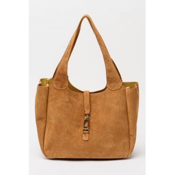 Geanta de piele intoarsa cu bareta de umar si etui interior detasabil - Maro cognac