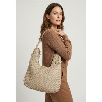 Geanta hobo din piele naturala cu model impletit - Bej