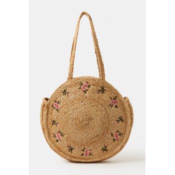Geanta rotunda de paie cu broderie florala - Verde/Galben pai/Roz