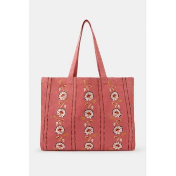Geanta shopper brodata - Alb/Galben/Rosu stins