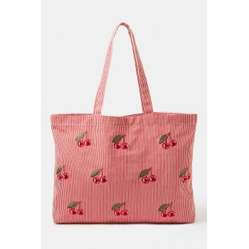 Geanta shopper cu broderie - Rosu