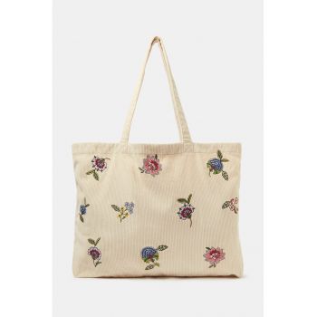 Geanta shopper cu broderie - Roz/Albastru/Crem