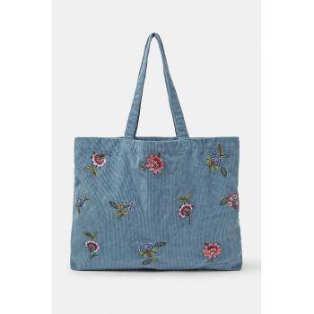 Geanta shopper cu broderie - Verde/Roz/Albastru