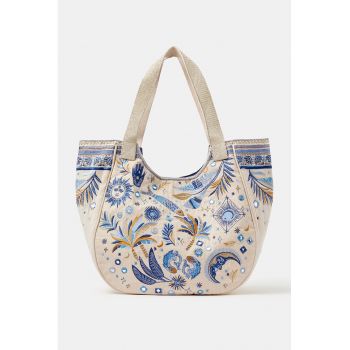 Geanta shopper cu broderii - Alb fildes/Albastru/Galben mustar