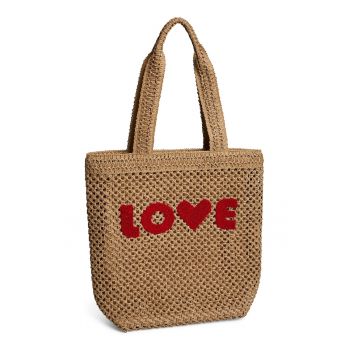 Geanta shopper cu model crosetat si text brodat Gabriela - Caramel