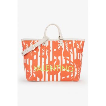 Geanta shopper din piele ecologica cu model floral - Alb/Portocaliu