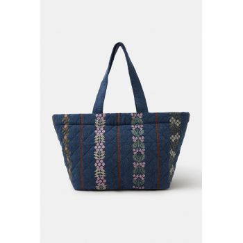 Geanta shopper matlasata de denim cu broderie - Verde/Roz/Bleumarin