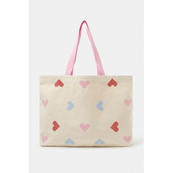 Geanta tote de bumbac cu inimi - Roz/Albastru/Crem