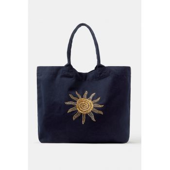 Geanta tote de bumbac cu soare decorat - Auriu/Bleumarin