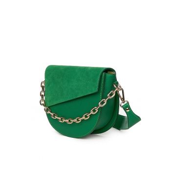 Posetă din piele naturală  model Donna - verde - 18x20x8cm - mânere din lanț auriu