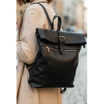 Rucsac dama Made in Italy - piele naturala - negru - 3 compartimente