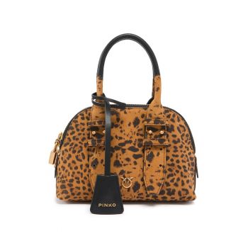 Geanta bowler de piele intoarsa cu animal print - Maro/Portocaliu