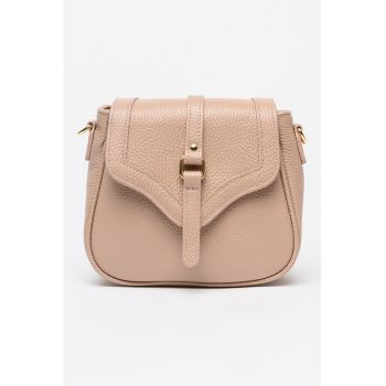 Geanta crossbody din piele cu accesoriu logo - Roz prafuit