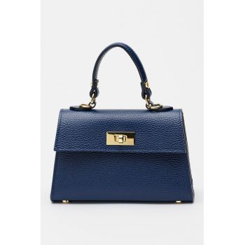Geanta crossbody din piele cu clapa si bareta detasabila - Bleumarin