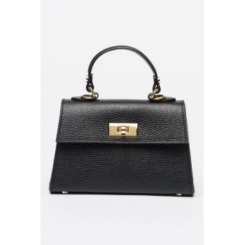 Geanta crossbody din piele cu clapa si bareta detasabila - Negru