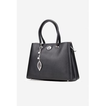 Geanta dama din piele texturata cu ornament - Negru