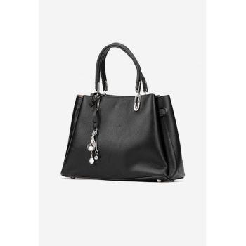 Geanta dama din piele texturata neagra cu ornament