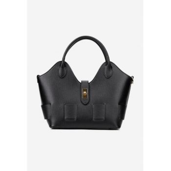 Geanta dama Made in Italy - piele texturata - neagra - curea detasabila - 18x14cm