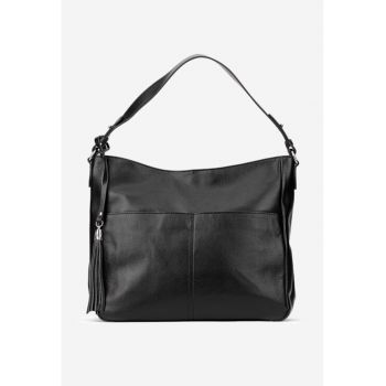 Geanta dama neagra din piele naturala cu ornament ciucure